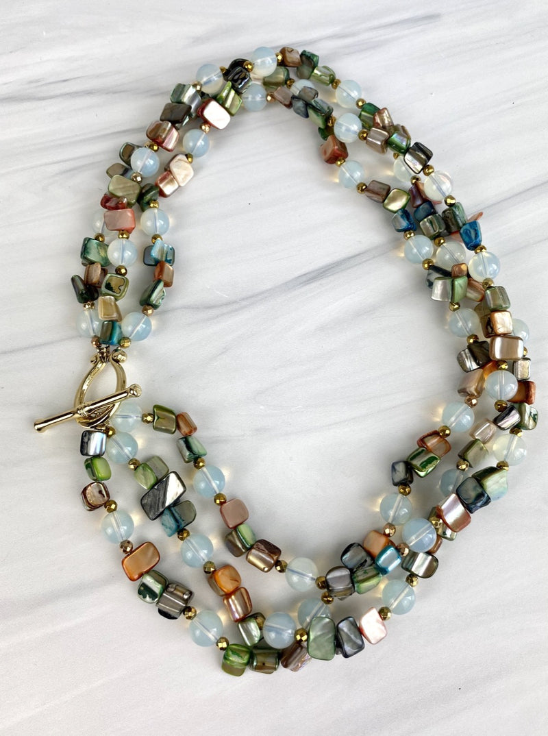 Joel Handmade Triple Chunky Necklace Opaline and Multicolor Seashell, Mother of Pearl, Gold Toggle clasp