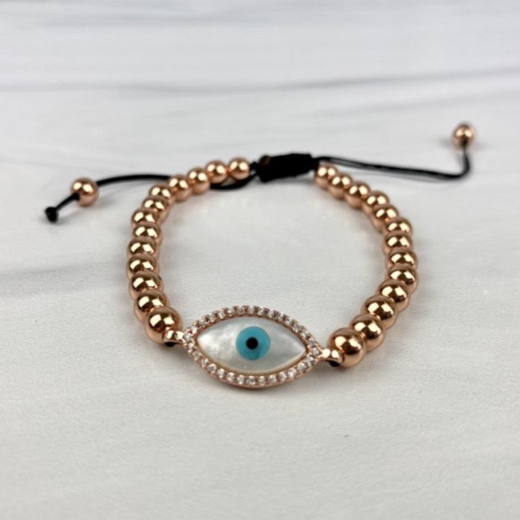 Evil Eye Gold Macrame Adjustable Bracelet with Mother of Pearl Motif