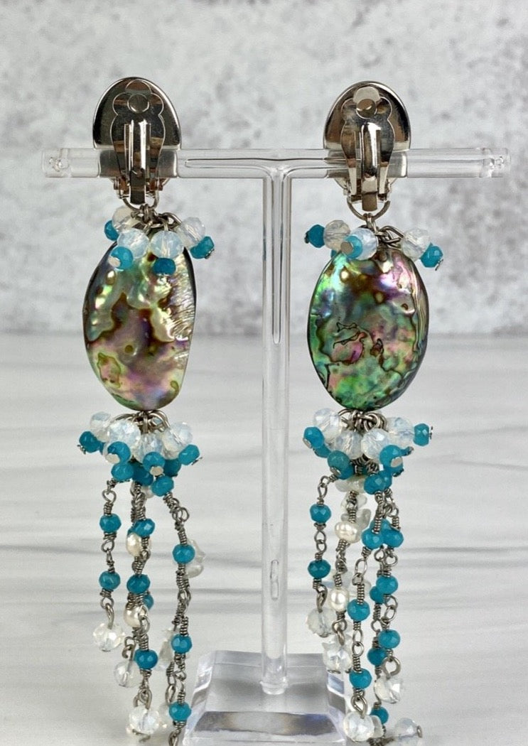 Abalone Shell Statement Clip Long Earrings, Dangling Hand Wired Gemstones, Moonstone, Nephrite JoEl handmade