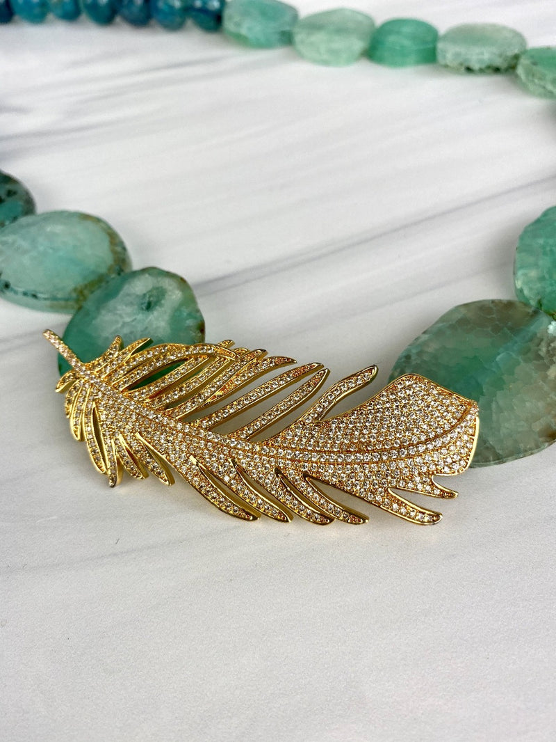 Joel Handmade One of a Kind Statement Necklace with Green Agate Slab Beads and Oversized 14K Gold Plated Feather Motif with Pave Cubic Zirconia, CZ.