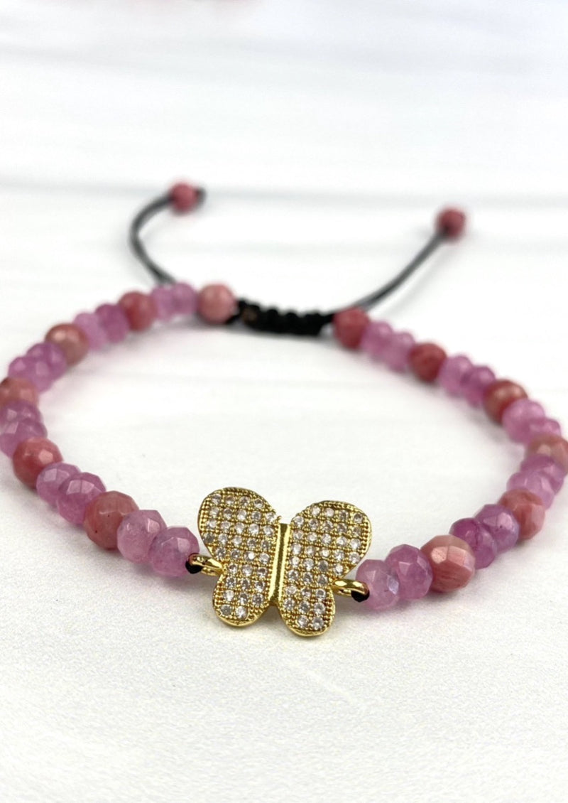 Gold Butterfly with Cubic Zirconia Adjustable Dainty Macrame Bracelet with Faceted Nephrite Beads Joel Handmade