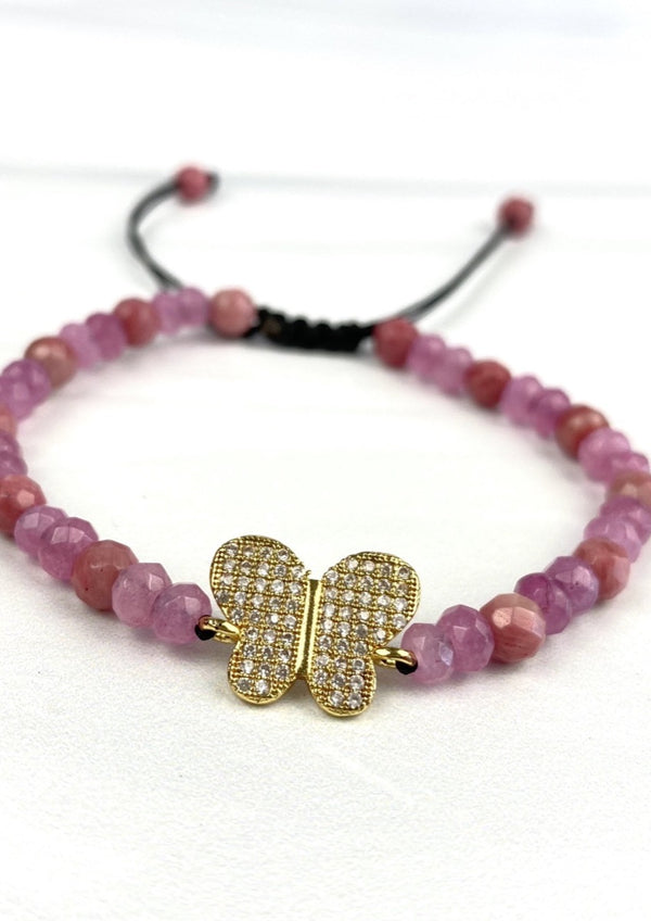 Gold Butterfly with Cubic Zirconia Adjustable Dainty Macrame Bracelet with Faceted Nephrite Beads Joel Handmade