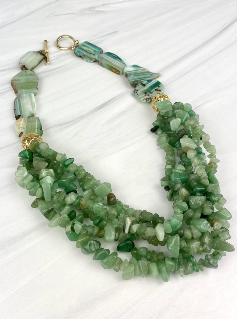 Green Aventurine and Agate Chunky Statement Necklace Multi strand Large clasp Joel handmade