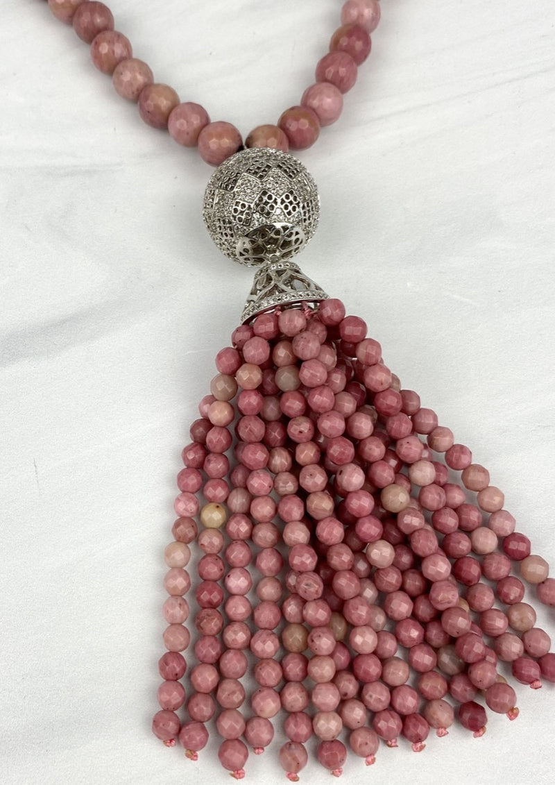 Joel Handmade Long Silver Globe Pendant with CZ Tassel Necklace with Pink Faceted Rhodonite Gemstones
