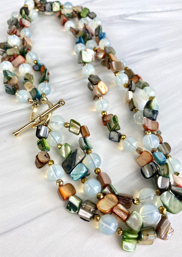Joel Handmade Triple Chunky Necklace Opaline and Multicolor Seashell, Mother of Pearl, Gold Toggle clasp