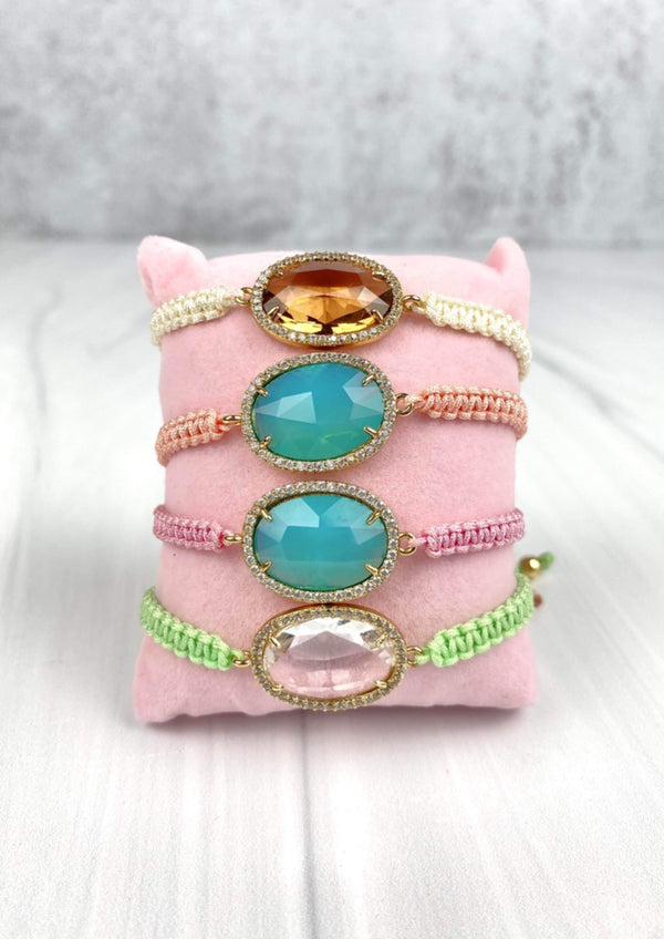Macrame Braid Bright Candy Color with Faceted Glass Embellished with Cubic Zirconia Gold Plated Adjustable Bracelets JoEl handmade