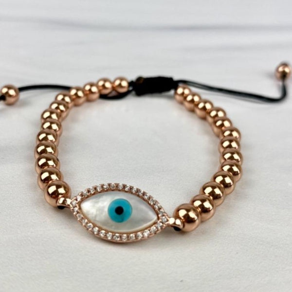 Evil Eye Gold Macrame Adjustable Bracelet with Mother of Pearl Motif