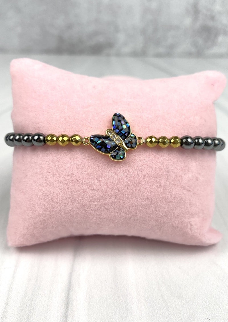 Butterfly with CZ Cubic Zirconia and Mother of Pearl Elastic Bracelet with Hematite Beads Joel Handmade