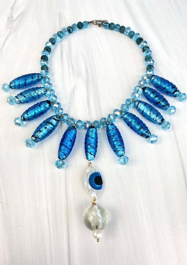 Statement Necklace Acrylic evil eye Faceted Czech Crystal and Art Glass in Vibrant Blue  Joel Handmade