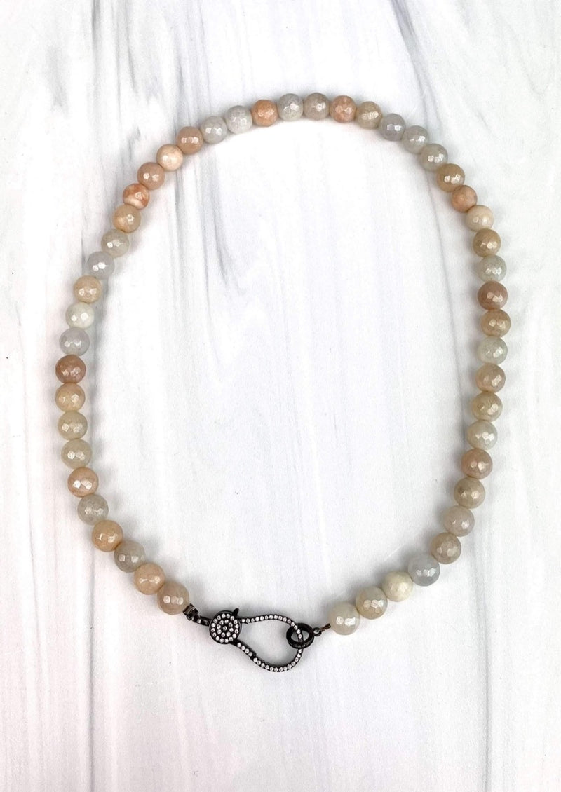 Joel Handmade Grey Fresh Water Pearls Necklace Oversized Black Rhodium Platted, Clasp with Cubic Zirconia Sunstone Faceted layering