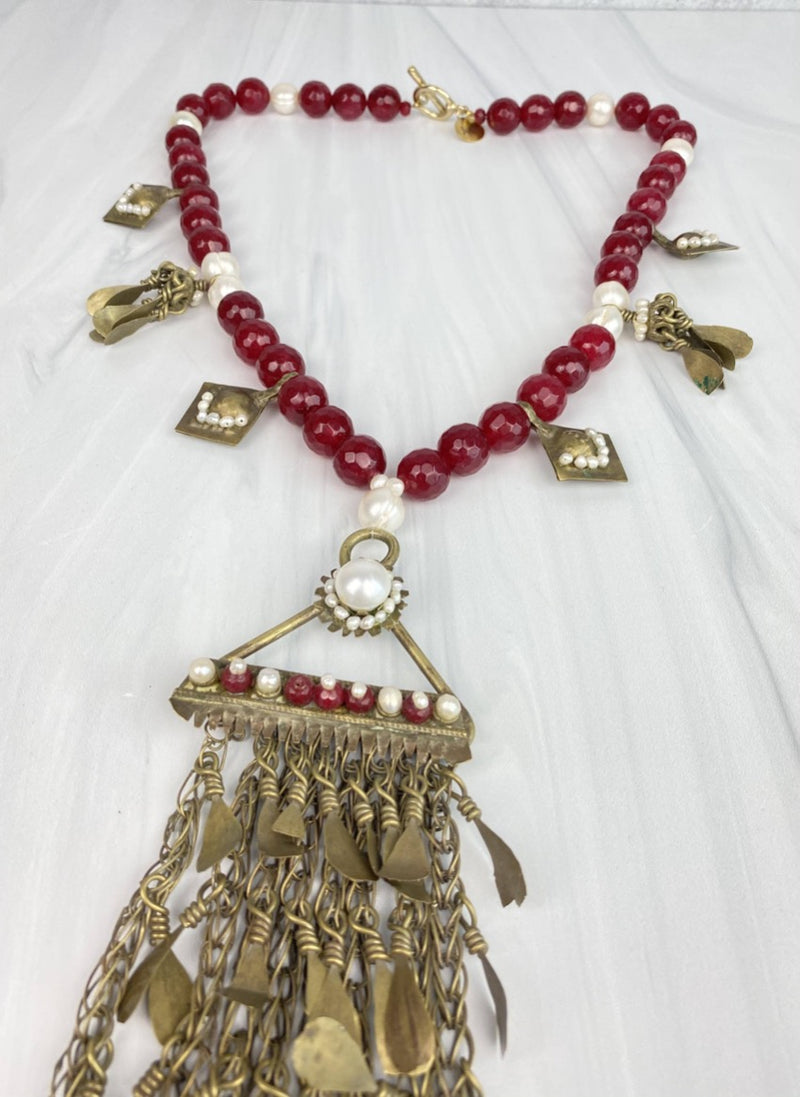 Joel Handmade Vintage Statement Necklace Red Agate Gemstone, Antique Pendant Greek Origin