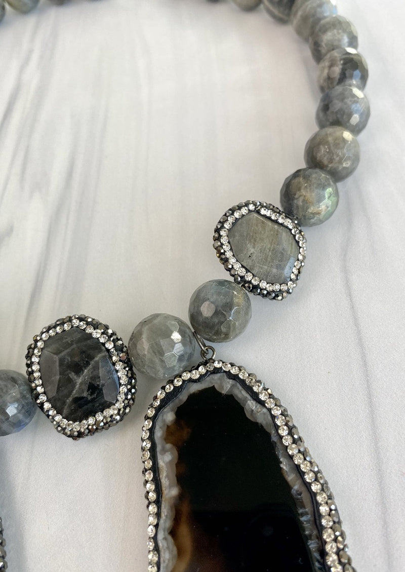 Joel Handmade Statement Necklace Faceted Large Labradorite and black Agate Slabs embellished with Crystals