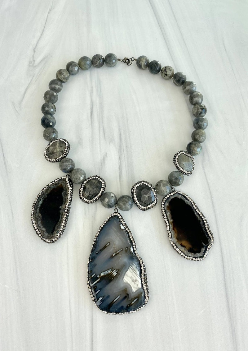 Joel Handmade Statement Necklace Faceted Large Labradorite and black Agate Slabs embellished with Crystals
