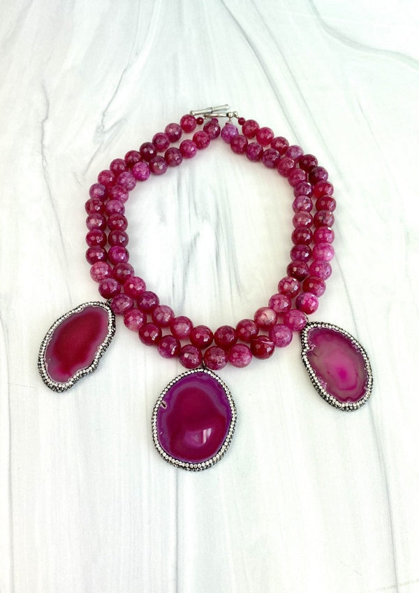 Statement Bespoke Necklace Large Agate Slabs Pendant Hot Pink Fuchsia Oversized Faceted Agate Beads with Crystals Joel Handmade