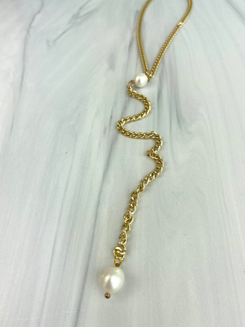 "Perle Boule" Gold Y Lariat Chain Necklace with Fresh Water Pearl Dangling Minimal Choker Joel Handmade