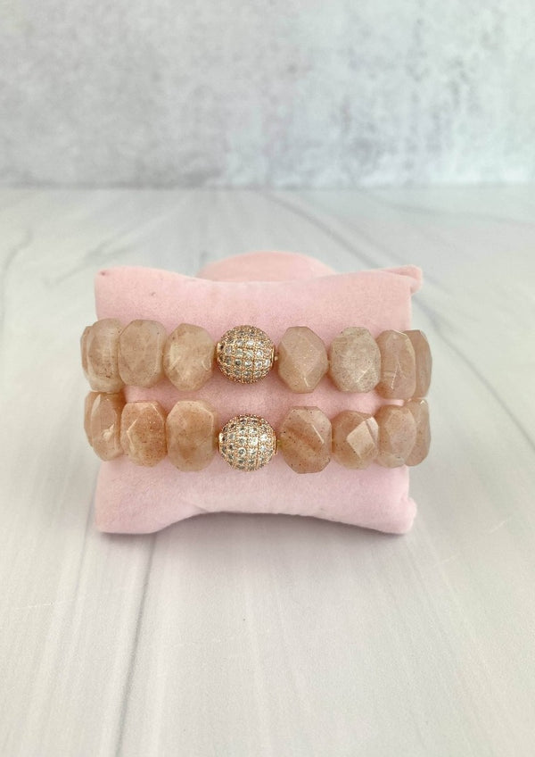 Pink Flake Faceted Moonstone Rectangular Elastic Bracelet with Rose Gold Cubic Zirconia Ball Joel Handmade
