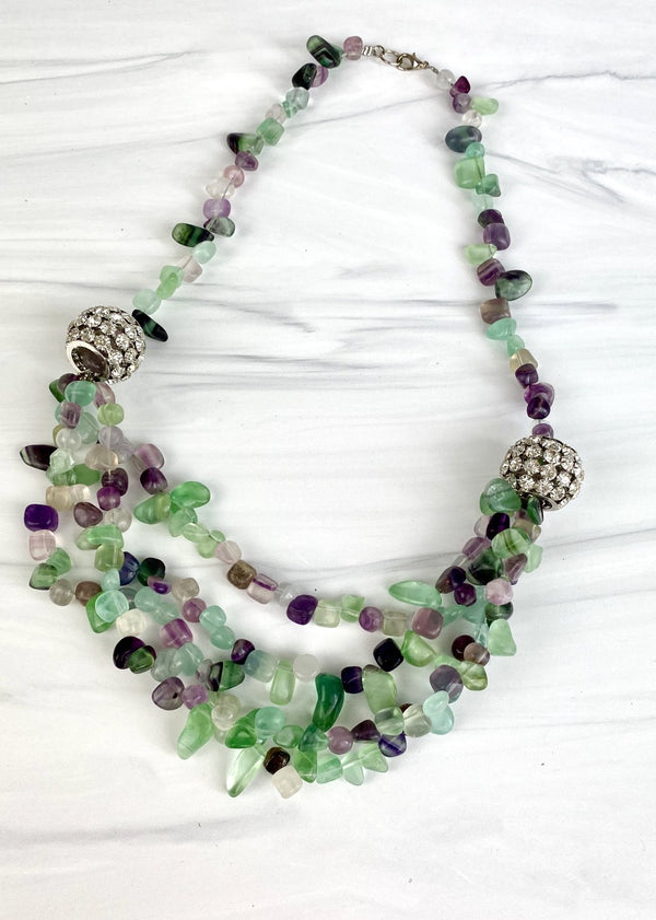 Joel handmade Statement Tiered multi strand Necklace Fluorite and Crystals Green and Purple, Gemstones Semiprecious