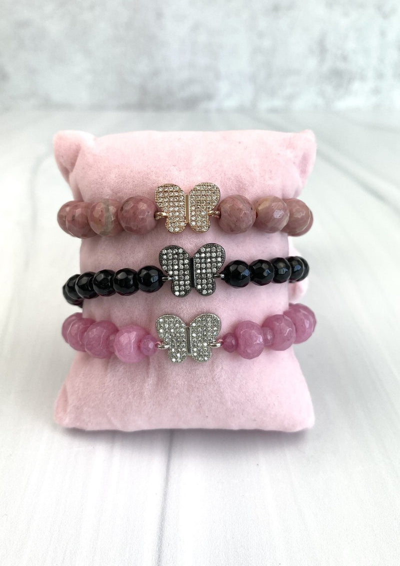 Butterfly Rose Gold Motif Rhodonite Faceted Gemstone Beads  with Cubic Zirconia Macrame Adjustable Bracelet Joel handmade