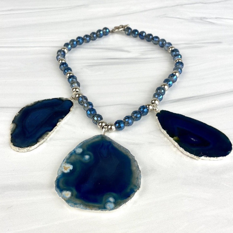Joel Handmade Statement Necklace Faceted Crystals Blue Agate Slabs Pendants