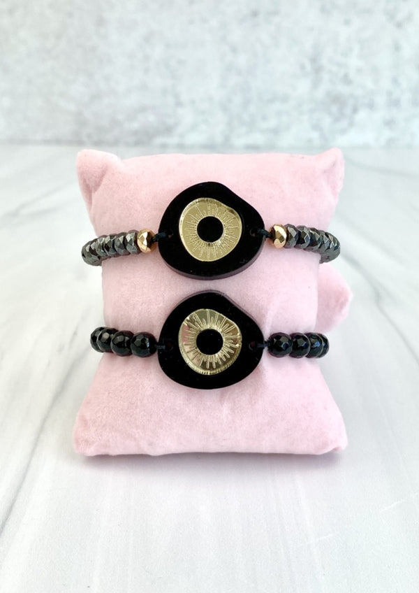 Evil Eye Acrylic Bracelet Macrame Adjustable with Onyx Gemstones or Hematites