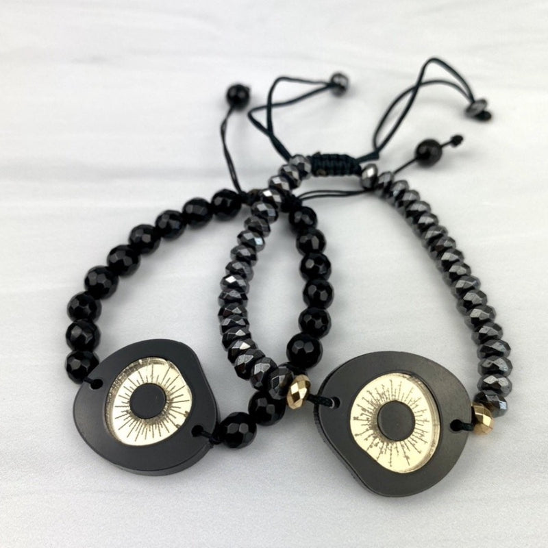 Evil Eye Acrylic Bracelet Macrame Adjustable with Onyx Gemstones or Hematites