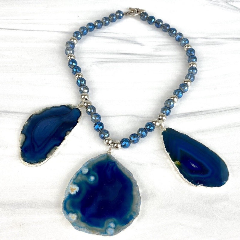 Joel Handmade Statement Necklace Faceted Crystals Blue Agate Slabs Pendants