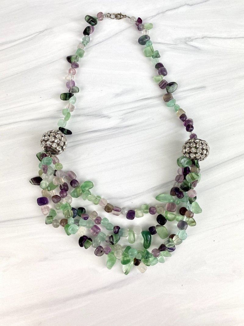 Joel handmade Statement Tiered multi strand Necklace Fluorite and Crystals Green and Purple, Gemstones Semiprecious