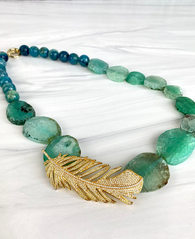 Joel Handmade One of a Kind Statement Necklace with Green Agate Slab Beads and Oversized 14K Gold Plated Feather Motif with Pave Cubic Zirconia, CZ.