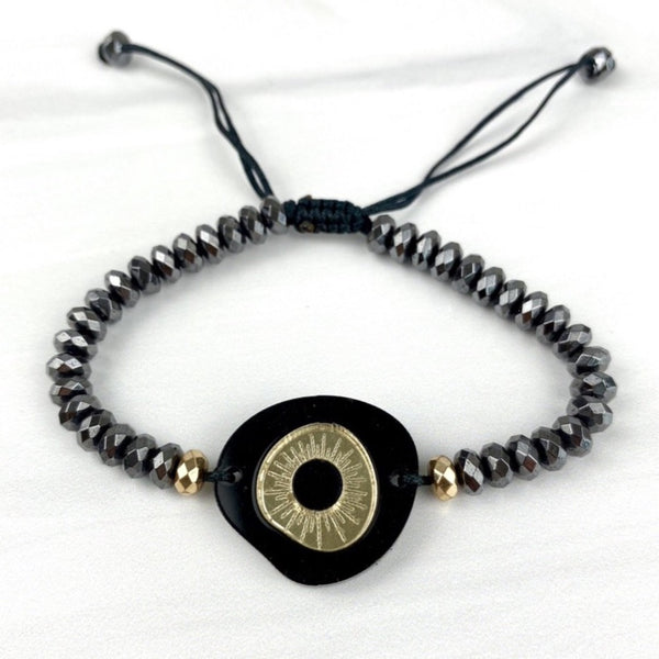 Evil Eye Acrylic Bracelet Macrame Adjustable with Onyx Gemstones or Hematites