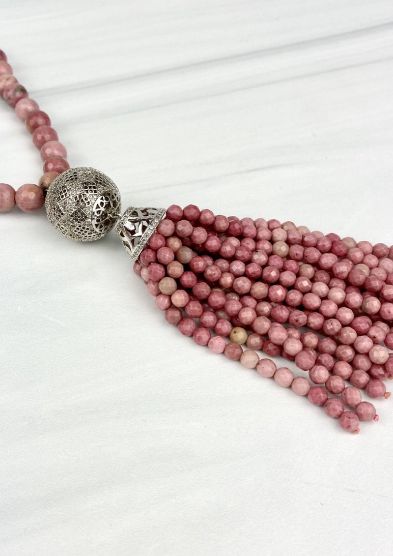 Joel Handmade Long Silver Globe Pendant with CZ Tassel Necklace with Pink Faceted Rhodonite Gemstones