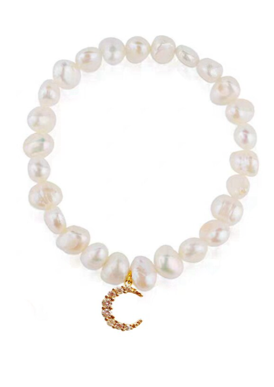 Crescent Moon with Cubic Zirconia with Freshwater Pearl Elastic