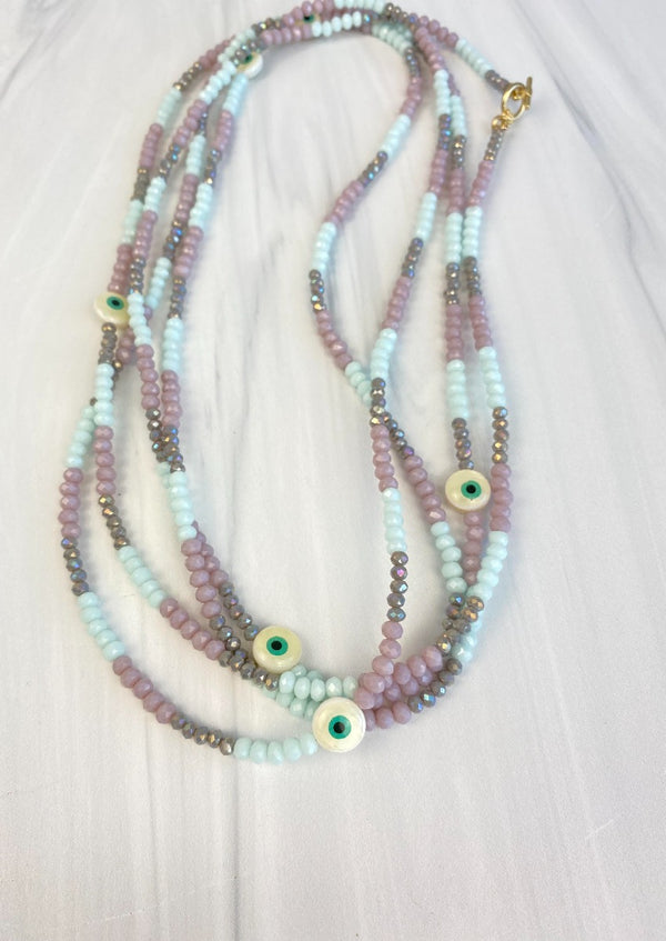 Endless strand necklace Wrap around aqua pastel colors featuring mother of pearl evileye Faceted Glass Beads 80" Joel Handmade