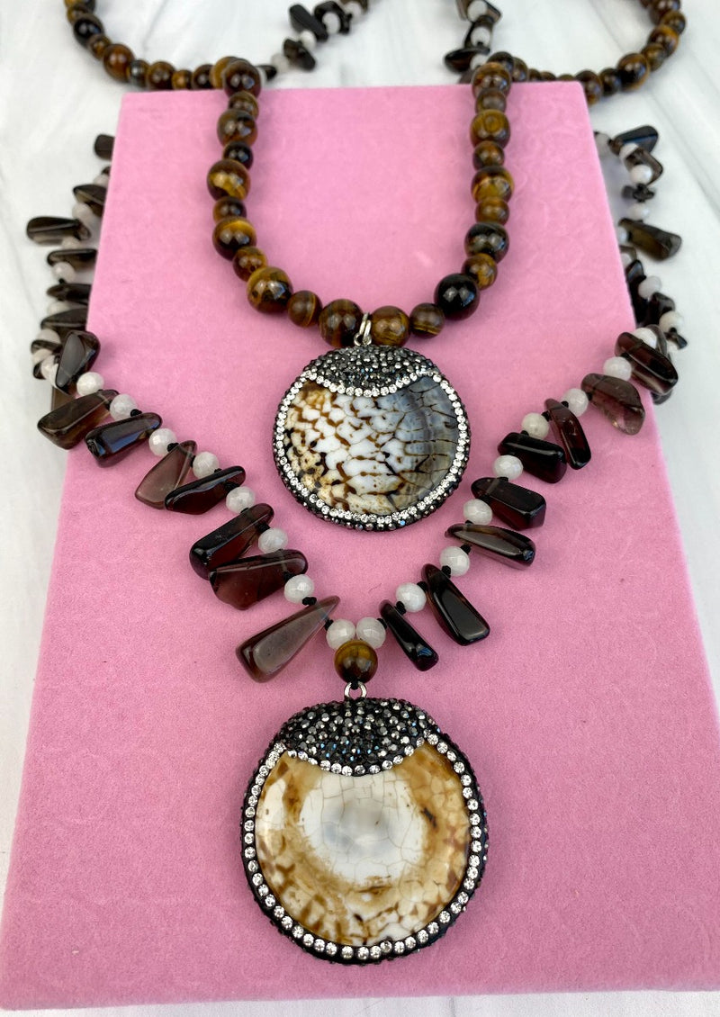 Tiger Eye Necklace with Beautiful Brown Animal Print Like Agate Pendant with Crystals and Smoke Quartz Joel Handmade