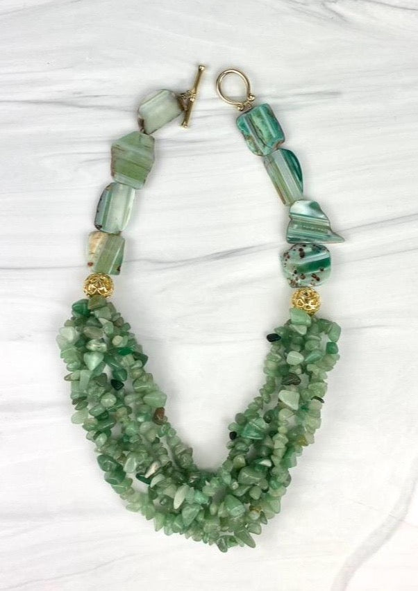 Green Aventurine and Agate Chunky Statement Necklace Multi strand Large clasp Joel handmade