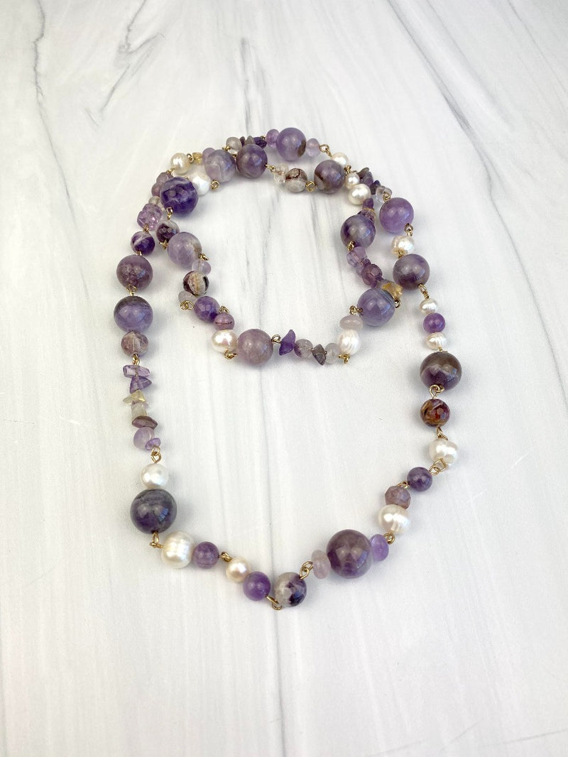 Hand Wrapped Variety of Amethyst, Ametrine Gemstones Necklace with Fresh Water Pearls, Joel Handmade