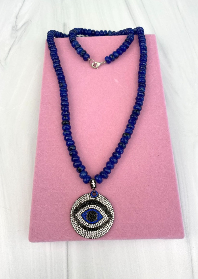 Cobalt Blue Evil Eye CZ Pendant Necklace with Faceted Rondelle Nephrite Joel Handmade