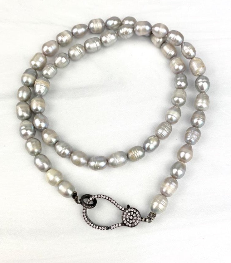 Joel Handmade Grey Fresh Water Pearls Necklace Oversized Black Rhodium Platted, Clasp with Cubic Zirconia Sunstone Faceted layering
