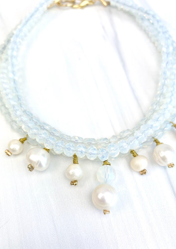Triple Multi strand Faceted Moonstone Choker with Dangling Natural Pearls Hand wrapped Necklace Joel Handmade