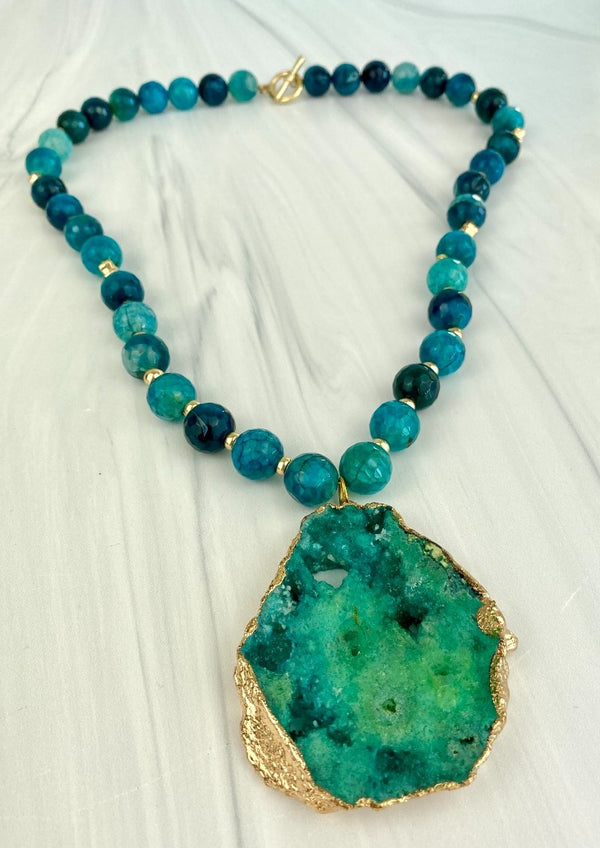 Oversized Druzy Agate and Faceted Sea Foam Green Color Beads Long Statement Necklace Joel Handmade