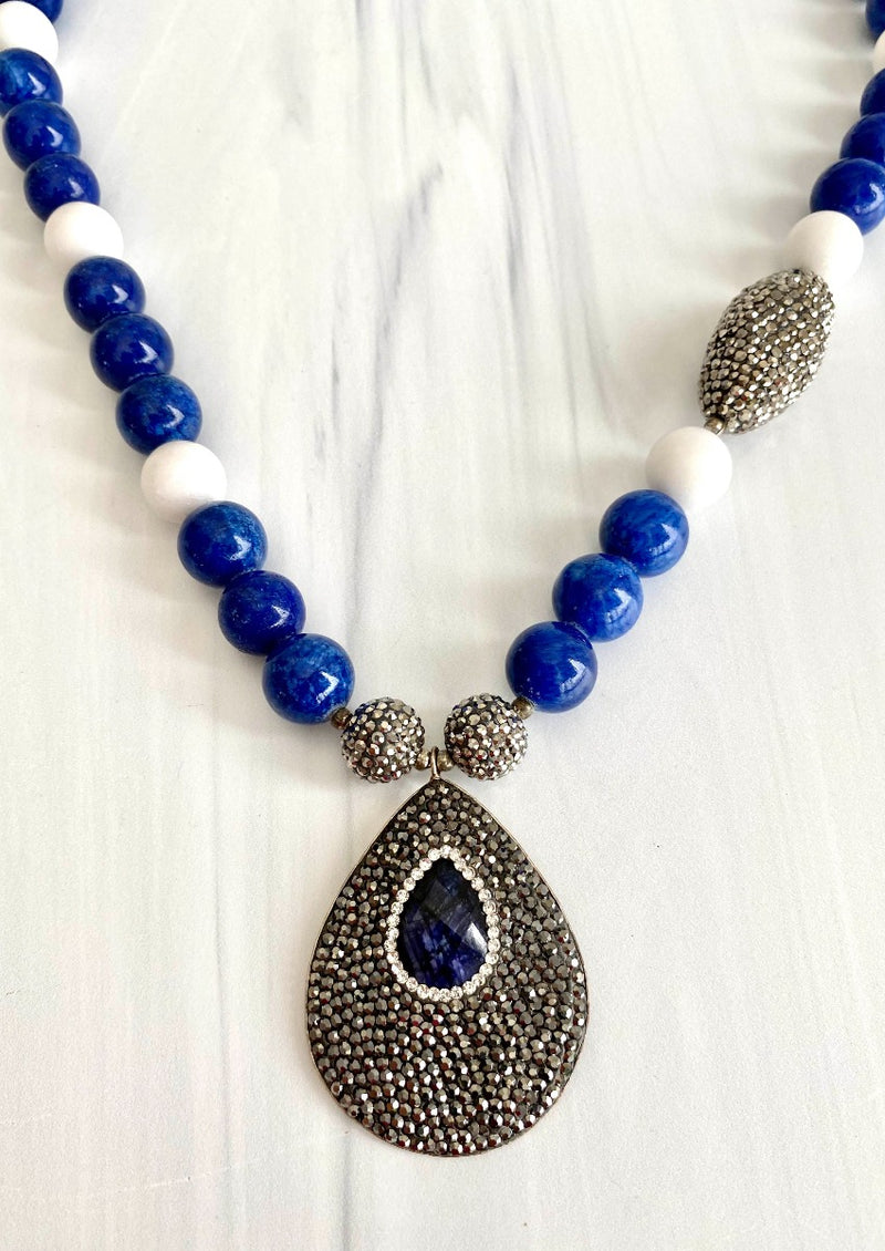 White & Cobalt Blue Statement Necklace with Dazzling Crystal Pendant Featuring a Faceted Agate and Completed With Large Nephrite Gemstones