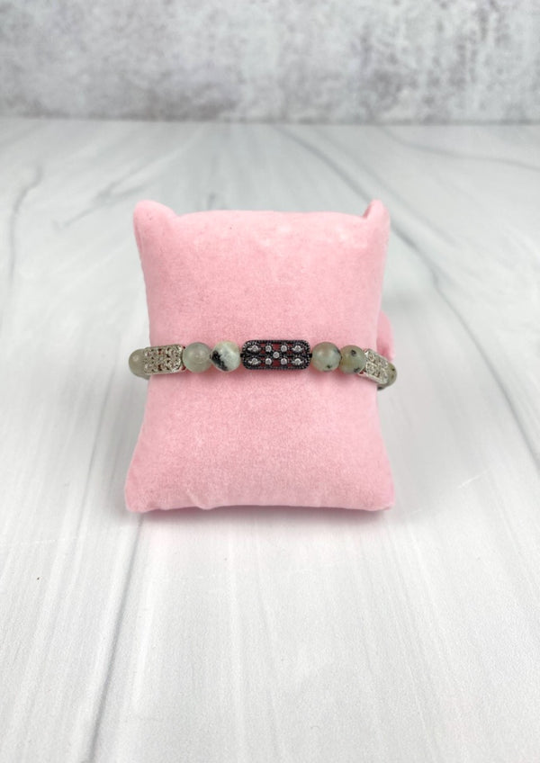 Dalmatian Jasper Gemstone Adjustable Bracelet with CZ Filigree Motifs Joel Handmade