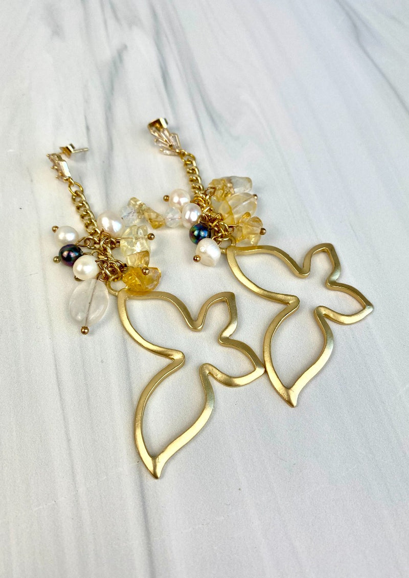 Gold Butterfly Statement Long Dangling Earrings with Cubic Zirconia Natural Pearls Citrine Quartz Joel Handmade