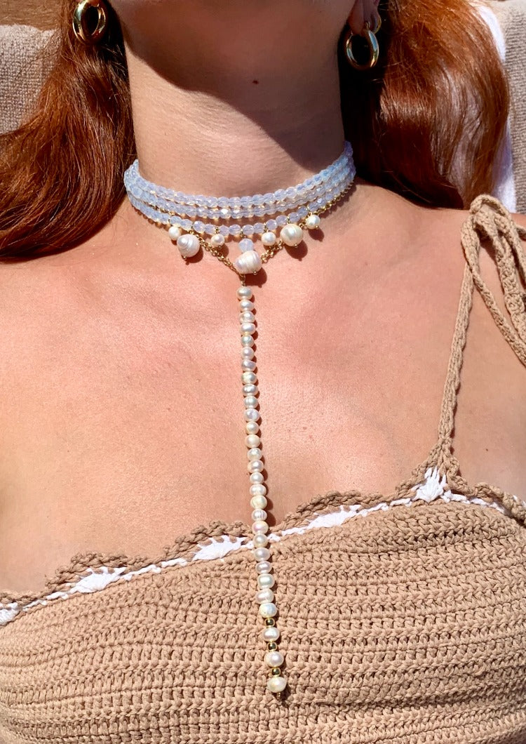 Triple Multi strand Faceted Moonstone Choker with Dangling Natural Pearls Hand wrapped Necklace Joel Handmade