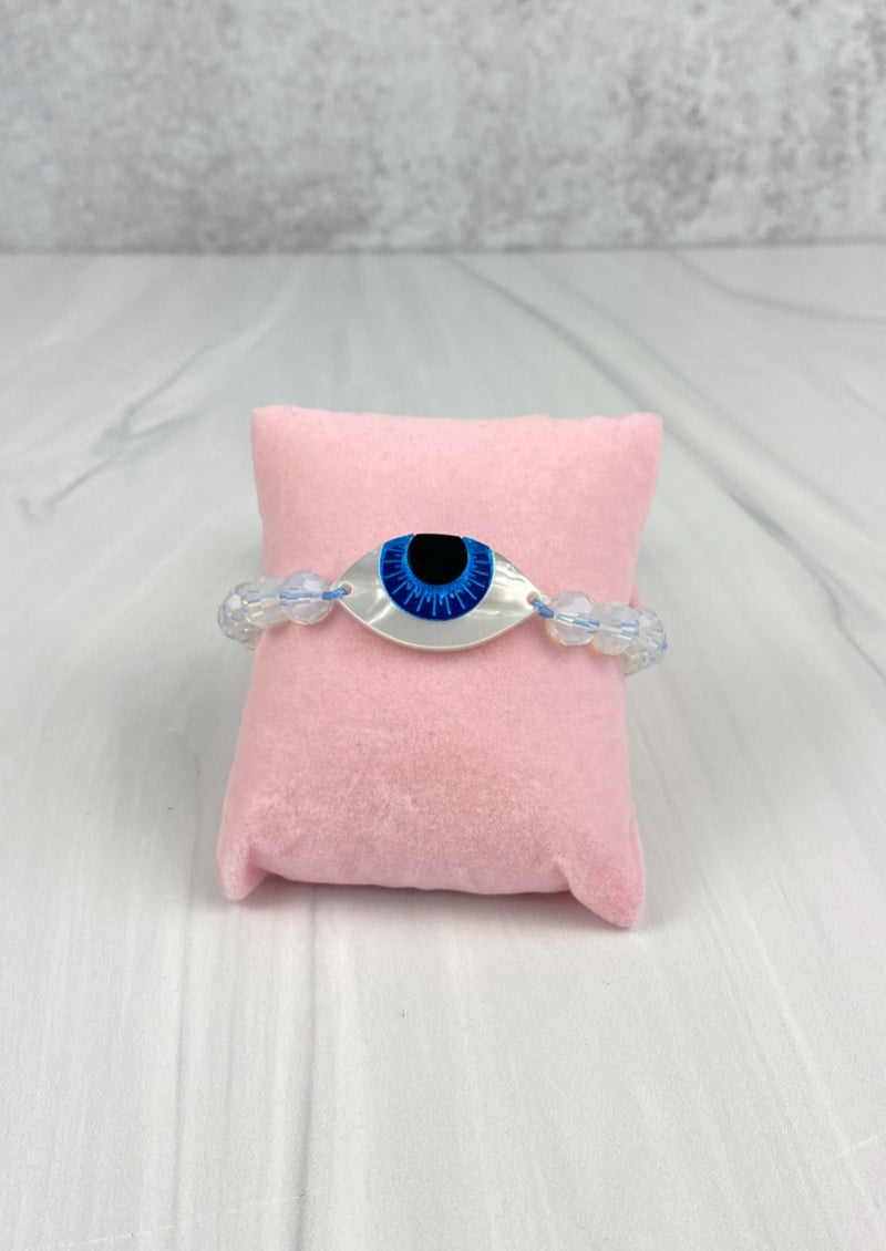 Acrylic Metallic Blue White Evileye Adjustable Bracelet With Faceted Moonstone Gemstone Beads