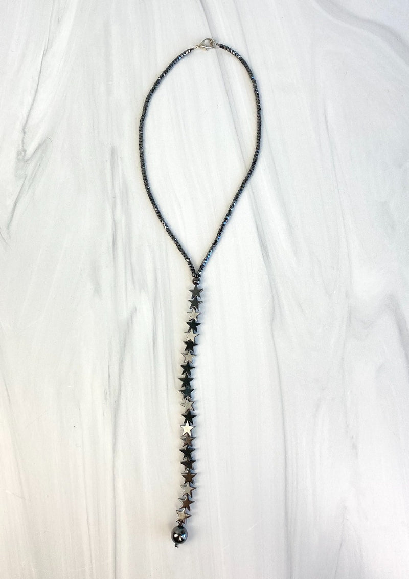 Hematite Lariat Necklace with Stars Metallic Grey Sparkly Joel Handmade