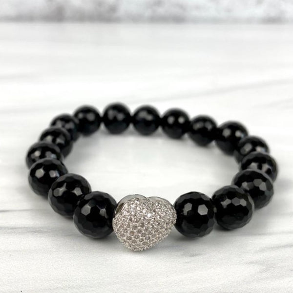 Heart Love Silver or Gold with Cubic Zirconia CZ Elastic Bracelet with faceted Black Onyx Agate Gemstone Beads Joel handmade