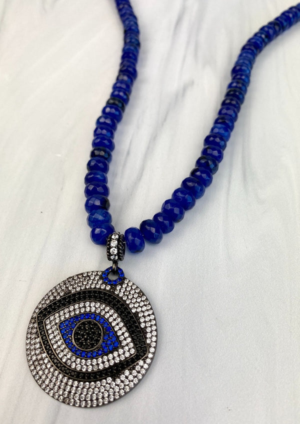 Cobalt Blue Evil Eye CZ Pendant Necklace with Faceted Rondelle Nephrite Joel Handmade