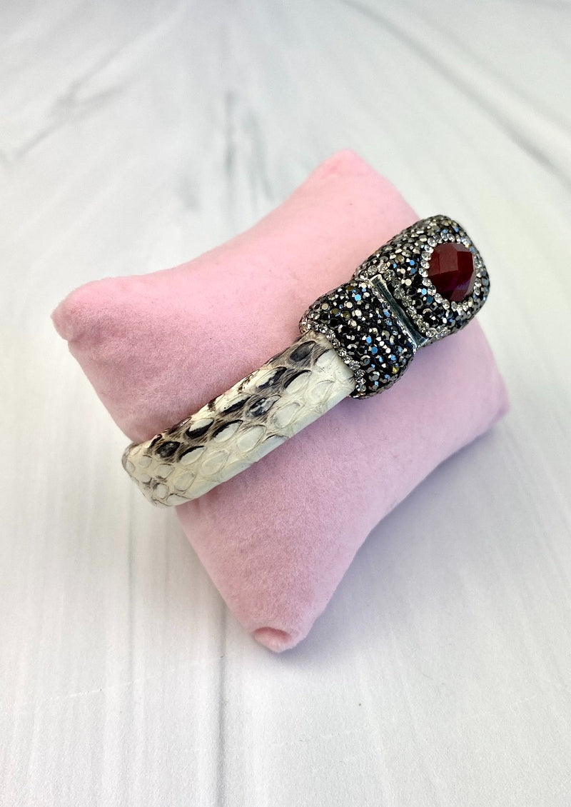 Imitation Snake Skin Bangle Embellished with Red Gemstone and Crystals White Grey Joel Handmade