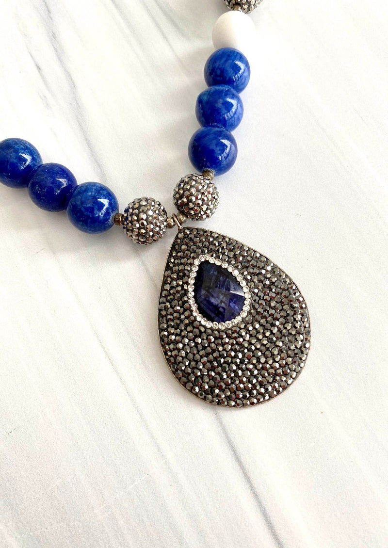 Cobalt Blue Enamel Sparkle Arc Necklace with Druzy Bead Charm and 18 I –  Alma Market