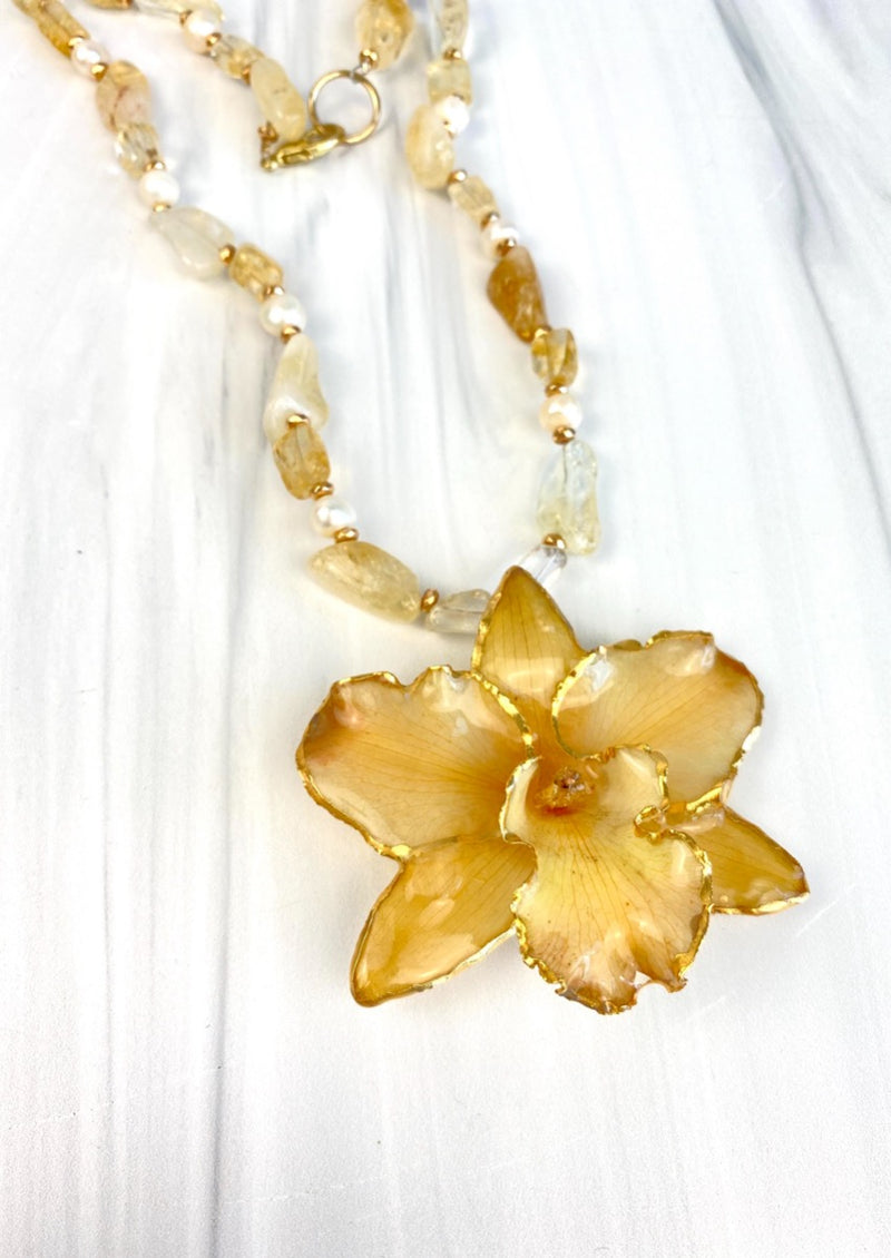 Joel Handmade Real Preserved Yellow Orchid Statement Necklace with Citrine Quartz and Fresh Water Pearls